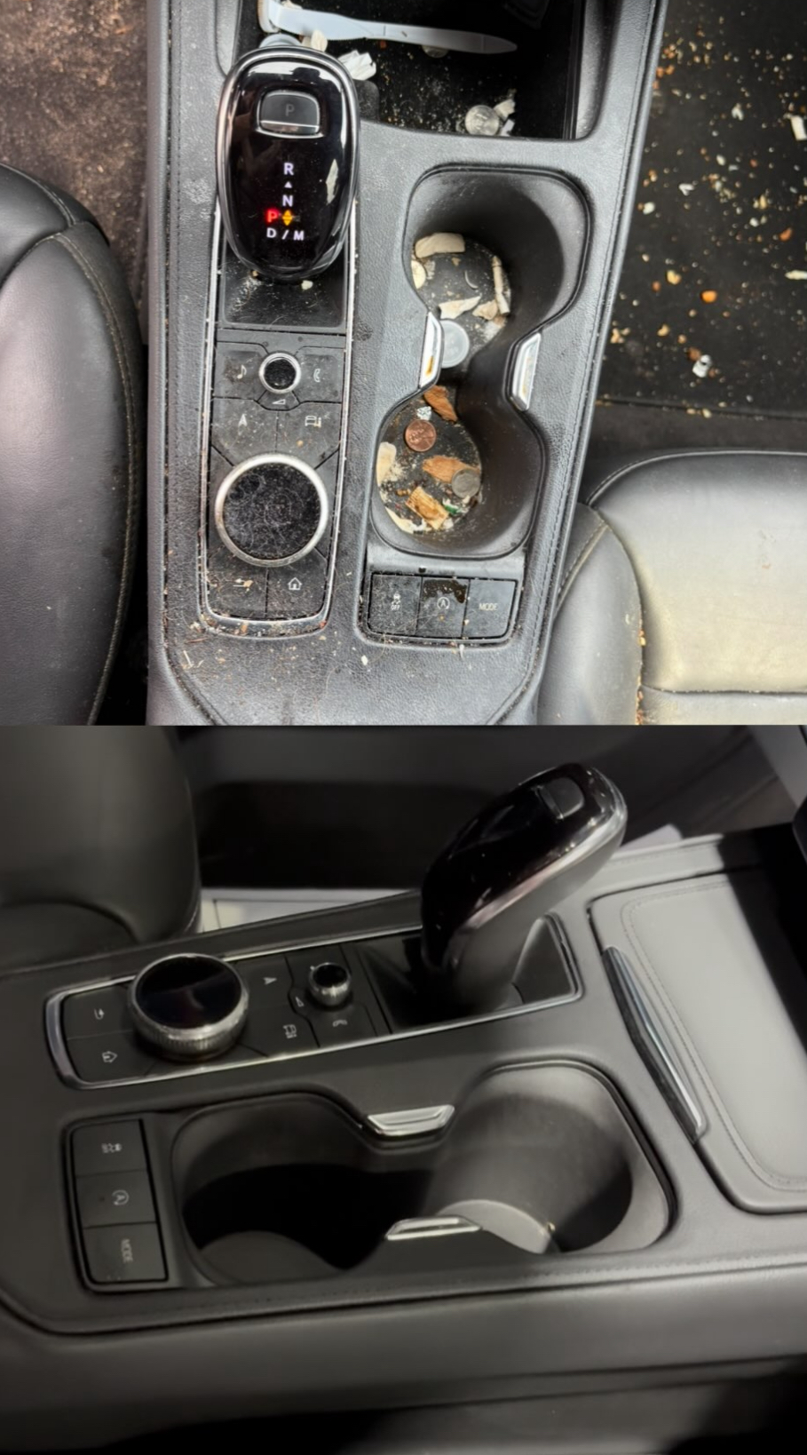 Before and after of a cleaned center console