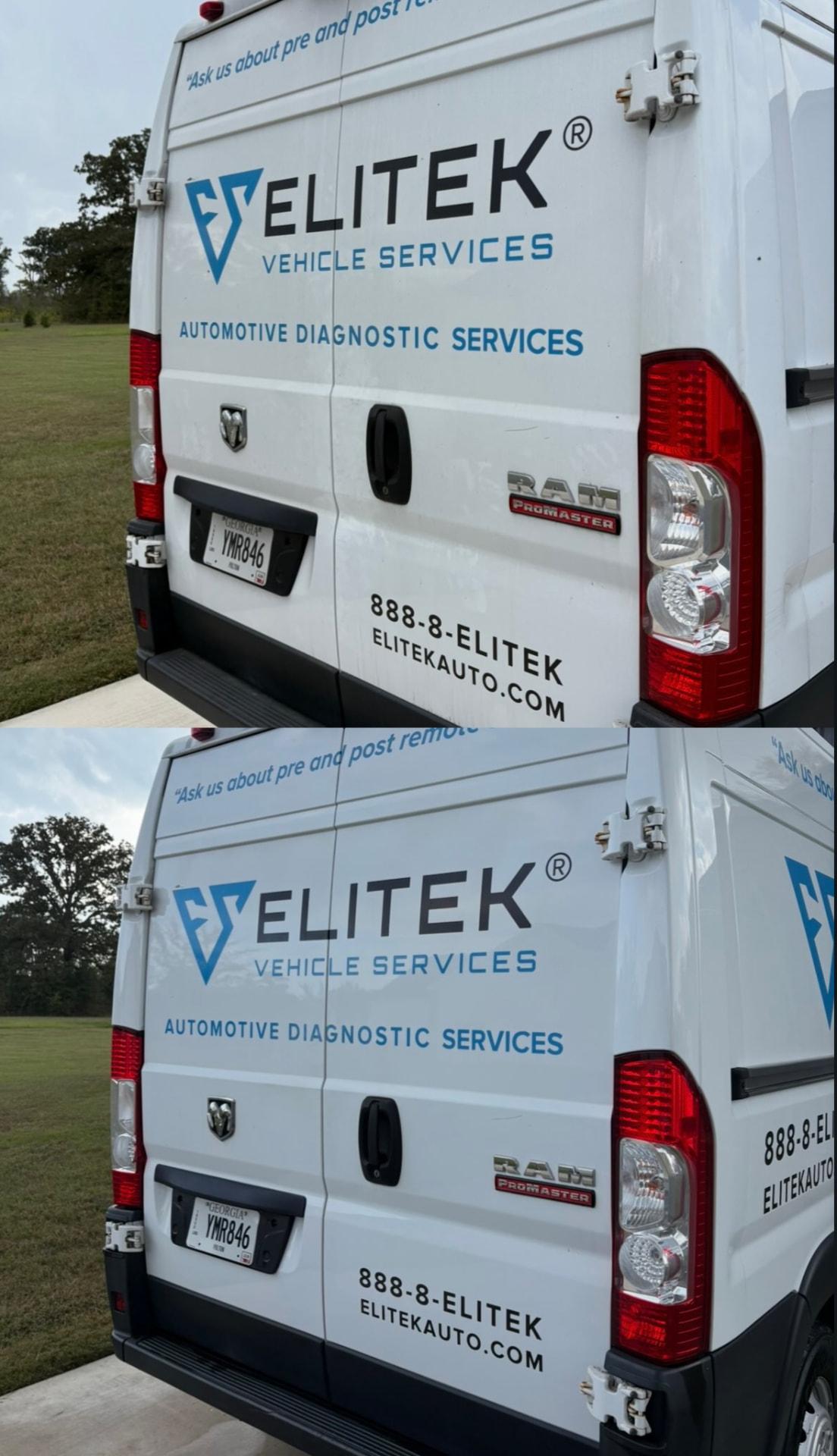 Before and after exterior wash of a work van
